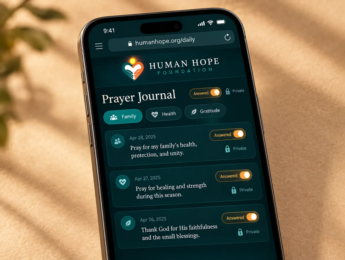 Prayer Journal screen in Human Hope Daily with active and answered prayers