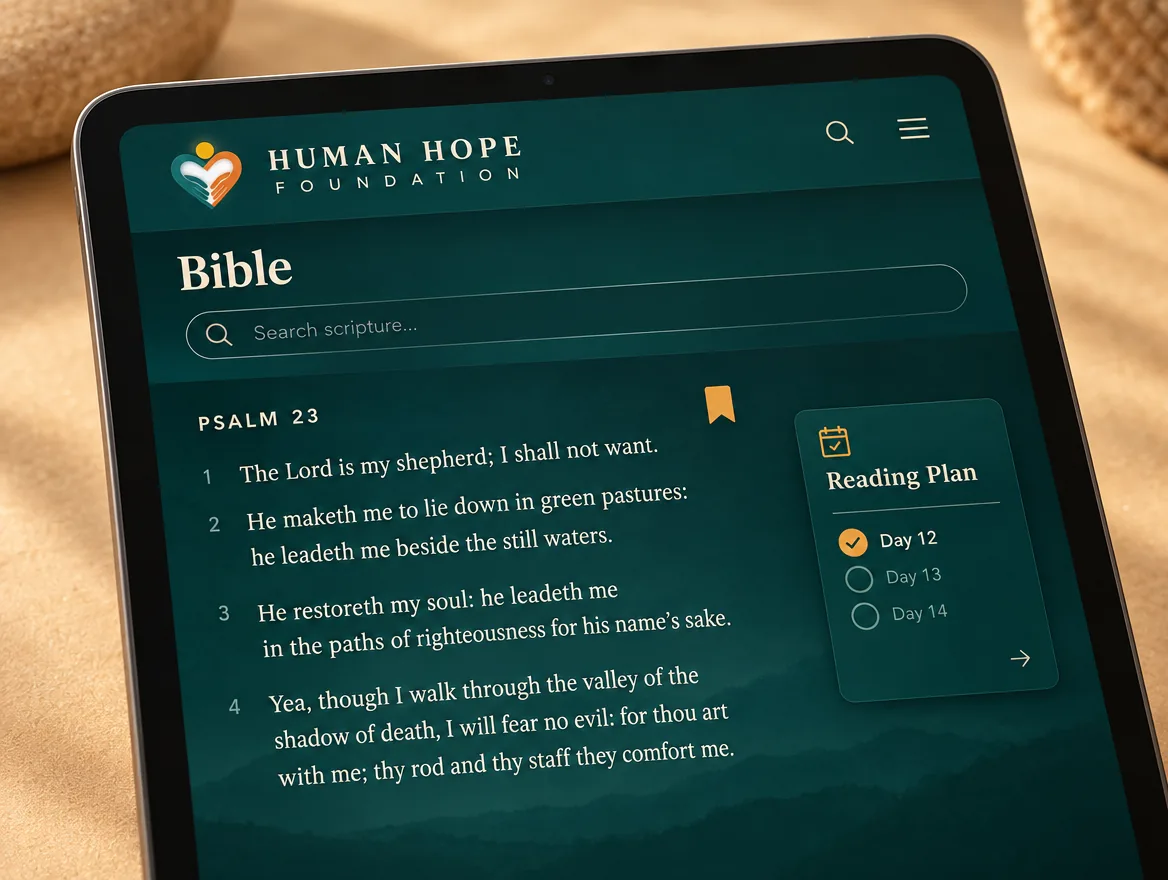 Bible reader with bookmarks and a reading plan in Human Hope Daily
