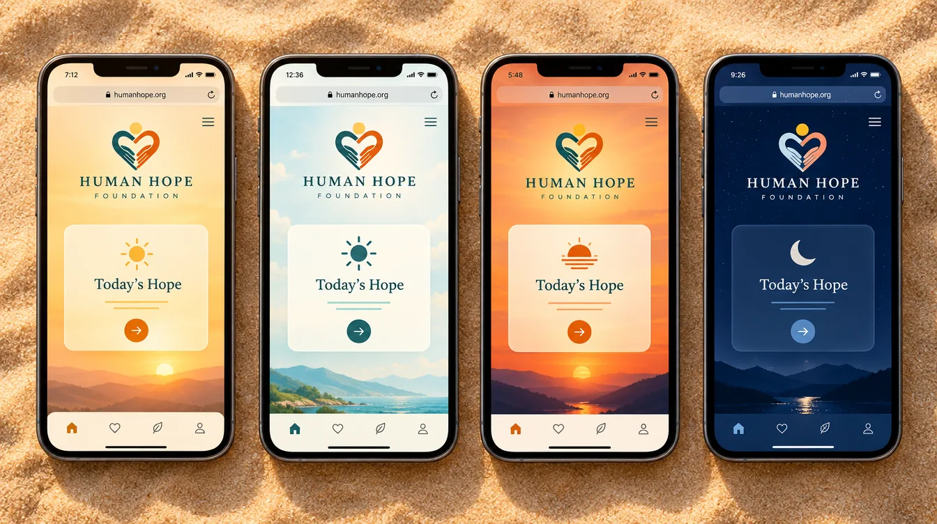 Human Hope Daily interface shifting from morning to night with the Day Rhythm feature
