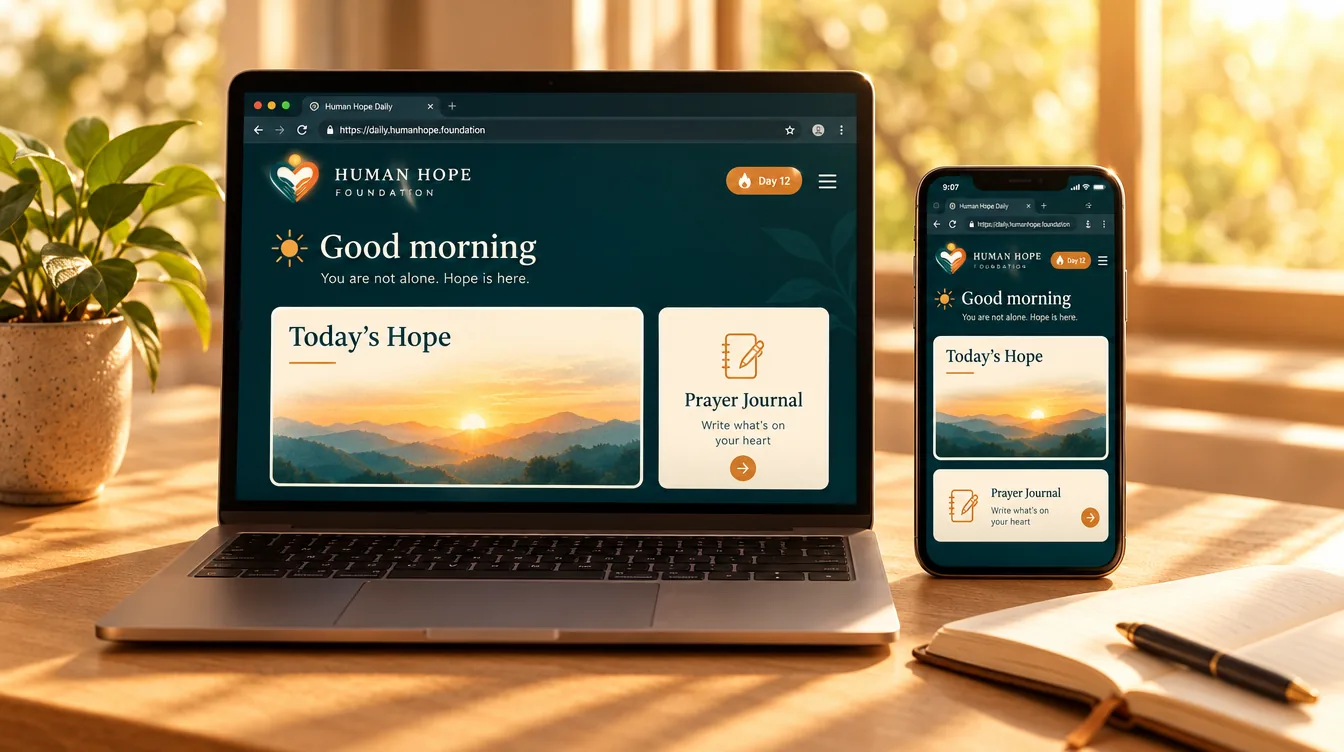 Human Hope Daily web app on a laptop and phone